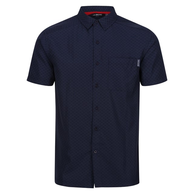 90% Polyester, 10% Viscose. Design: Logo, Patterned. Pockets: 1 Chest Pocket. Fastening: Button. Sleeve-Type: Short-Sleeved. Neckline: Turn Down Collar. Fabric Technology: Durable, Moisture Wicking, Quick Dry. Sun Rating: UPF 30+. S: 38 in. M: 40 in. L: 42 in. XL: 44 in. XXL: 48 in. 3XL: 51 in. 4XL: 54 in. 5XL: 57 in.
