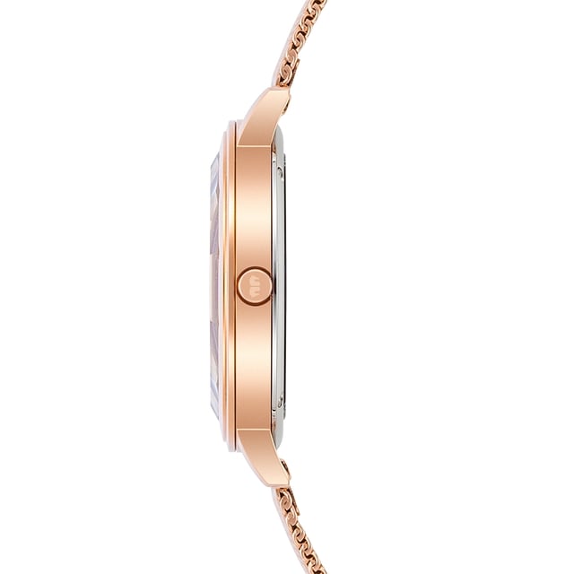 Would you like an eye -catcher on the wrist? Then this women's time meter of Rhodenwald & Sons is the right choice: Reduced functionality in conjunction with an expressive interpretation of the luxurious skeleton mechanism creates a special accessory. A touch of skin shimmers between the bezel and dial, bridged by four striking line indices, decorated with crystals from Swarovski®. The dial with a Sunray effect and subtle Dauphine added player play gently with the light. A stainless steel housing and a stainless steel bracelet in Milanaise-optics-both with a rose gold plating-ensure optimal everyday suitability.
