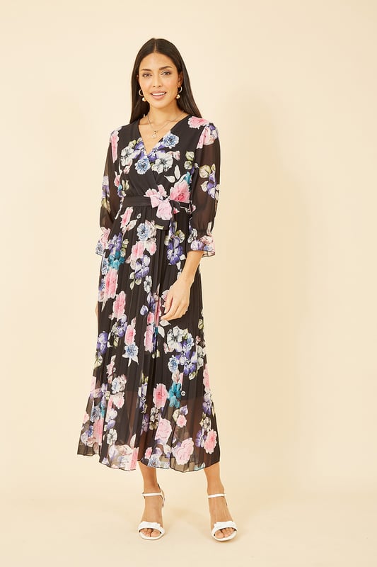 Yumi Black Floral Pleated Wrap Midi Dress