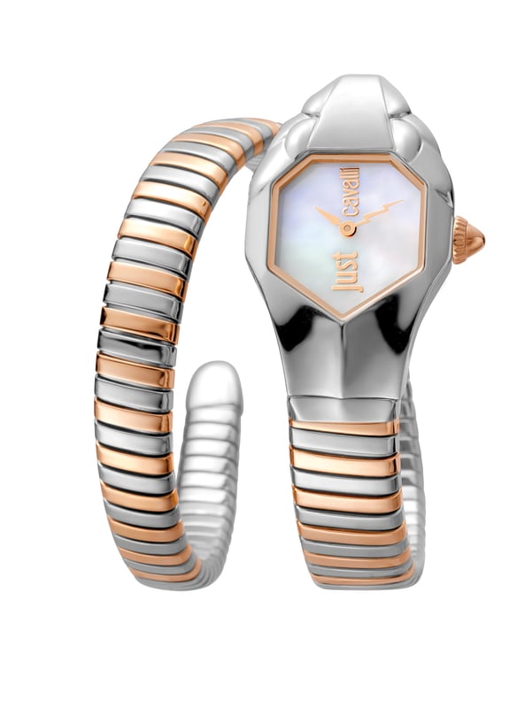 Rvs kast met een twee-tonen (zilver kleurig en goud kleurig) rvs armband. Vaste twee-tonen (zilver kleurig en goud kleurig) lunette. Champagnekleurige wijzerplaat met goudkleurige wijzers. Geen markeringen. Wijzerplaat type: Analoog. Quartz beweging. Krasbestendige mineraal glazen. Pull / push kroon. Massieve kast achterkant. Unieke kastvorm. Kastgrootte: 22 mm. Kastdikte: 8 mm. Bandbreedte: 8 mm. Bandlengte: 21,5 cm. Waterdicht tot 30 meter / 100 voet. Functies: uur, minuut. Dresswatch stijl. Just Cavalli Septagon Fashion Beige Dial Dameshorloge JC1L001M0045.