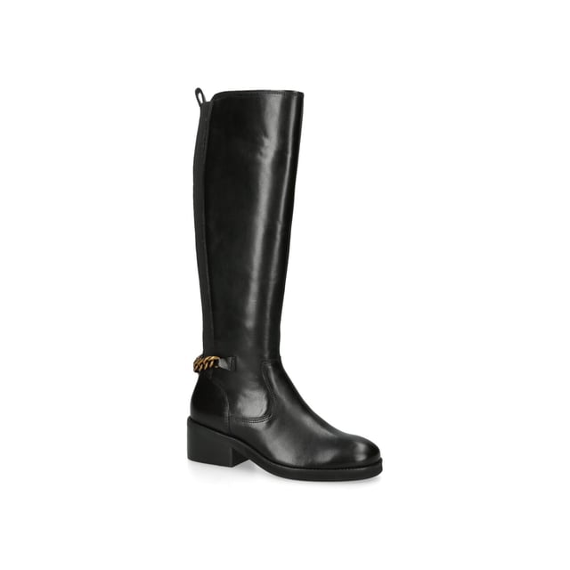 KGL Cheslea Rider from Kurt Geiger London is a knee high boot with a black leather upper. There is a gold chain at the back featuring a brass eagle head.