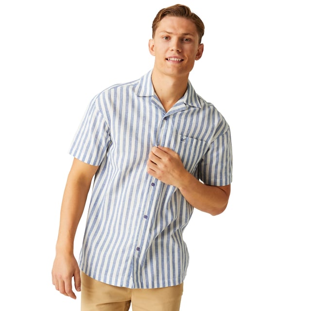 80% Cotton, 20% Linen. Fabric: Soft Touch, Yarn Dyed. Design: Embroidered Logo, Stripe. Pockets: 1 Chest Pocket. Fastening: Button-Down. Neckline: Revere Collar. Sleeve-Type: Short-Sleeved. Fit: Relaxed Fit. Sustainability: Sustainable Materials. S: 38 in. M: 40 in. L: 42 in. XL: 44 in. XXL: 48 in. 3XL: 51 in. 4XL: 54 in.