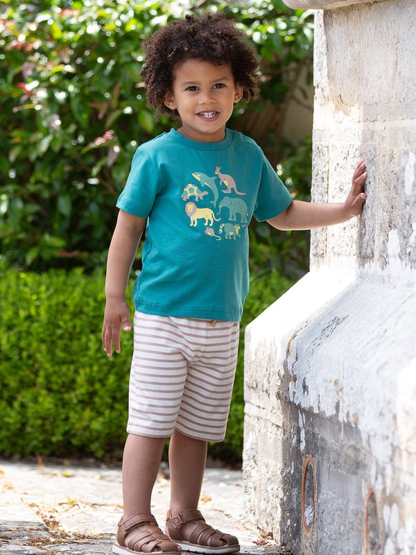 95% organic cotton 5% elastane | Proud to be certified to the Global Organic Textile Standard (GOTS) | Buff and cream yarn dyed stripe | Single jersey with a little bit of stretch (180-190 gsm) | Side pockets | Elasticated waistband with adjustable ties | Made in Turkey | Machine washable at 40 degrees, or at 30 degrees to be kinder to the planet