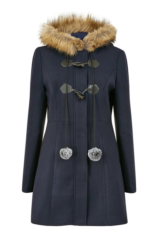 Yumi Navy Duffle Coat With Fur Trim