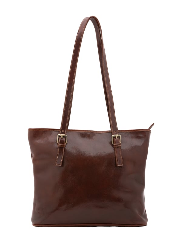 Bolso bandolera para mujer. El cierre es con cremallera. Los bolsillos internos son dos con cremallera y dos abiertos. Los bolsillos externos son uno en la espalda con cremallera. Falta la correa para el hombro. El mango es de piel. Hay dos compartimentos internos. El material exterior es auténtica piel de vacuno. Internamente está forrado en algodón. Medidas: 31x41x10 cm. Hecho en Italia