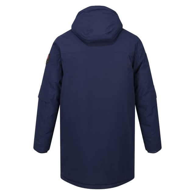 Material: 100% polyester. Foder: Bafflat, kontrasterat, fjäderfritt. Tyg: Stretch. Design: Broderad, ärmlappar, text. Tygteknik: Andningsbart, Slitstarkt, Isolerande, Isotex 10000, Vattenavvisande, Vattentätt. Justerbar axelrem, fjäderfri dunfyllning, vadderad, passpoaldetaljer. Manschett: Passform, invändigt ribbad. Halsringning: Huva. Ärmtyp: Långärmad. Funktioner på huva: Dold, växt på huvan. Längd: Lång. Fickor: Nätficka, 2 nedre fickor, 2 bröstfickor. Stängning: Hel dragkedja, knäppning. 10000g/m¬?/24 timmar. Värme klassning: 10000. Hållbarhet: Miljövänlig, tillverkad av återvunna material.