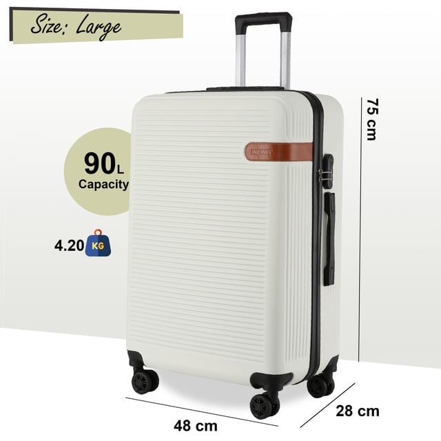 Upgrade uw reisuitrusting met onze Hardshell Cream Cabin Suitcases, ontworpen om duurzaamheid, stijl en functionaliteit te combineren. Of het nu gaat om zakenreizen of vakantieavonturen, deze lichtgewicht koffers bieden superieure prestaties met een strakke en moderne look. Kenmerken: Stevige ABS-constructie: Lichtgewicht maar duurzaam, biedt uitstekende bescherming voor uw bezittingen. 8 soepele dubbele wielen: Moeiteloze 360° manoeuvreerbaarheid voor stressvrij reizen door luchthavens en drukke straten. Veilig combinatieslot: Ingebouwd 3-cijferig slot voor verbeterde veiligheid en gemoedsrust. Telescopisch handvat: Ergonomisch ontworpen voor comfortabel gebruik. Volledig gevoerd interieur: Uitgerust met elastische spanbanden, een scheidingswand met rits en een gaasvak om uw spullen georganiseerd te houden. Beschikbare maten en specificaties: Cabine: Afmetingen: 36 x 22 x 56 cm Gewicht: 2,40 kg Capaciteit: 40L Medium: Afmetingen: 42 x 25 x 66 cm Gewicht: 3,40 kg Capaciteit: 61L Groot: Afmetingen: 48 x 28 x 75 cm Gewicht: 4,20 kg Capaciteit: 90L Het tijdloze ontwerp zorgt voor elegantie en maakt uw bagage gemakkelijk te herkennen. Of u nu licht reist met de cabinemaat of inpakt voor een lange reis met de medium en large, deze koffers zijn afgestemd op al uw reisbehoeften. - Let op: Selecteer de gewenste maat. Maten worden afzonderlijk verkocht, niet in sets.