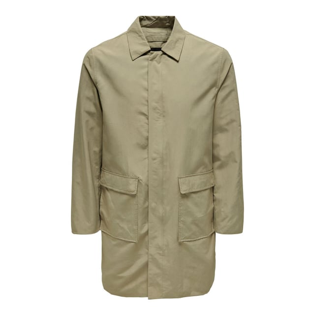 Upgrade your winter wardrobe with the sleek and stylish Only & Sons Men's Long Coat. Crafted from high-quality 100% nylon material, this coat is not only durable but also offers excellent weather resistance to keep you warm and dry in chilly conditions. Its classic long silhouette and timeless design effortlessly elevate any outfit, whether you're heading to the office or out for a night on the town. With a convenient combination of button and zipper closure options, this coat ensures a secure and customizable fit for added comfort.

Designed with both fashion and functionality in mind, it's a versatile addition to your outerwear collection.