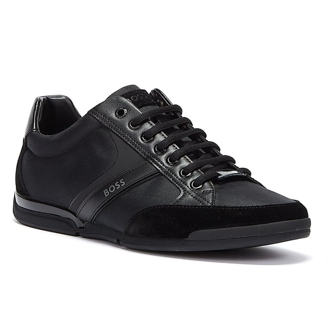 BOSS Saturn Low Mix Mens Black Trainers Mixed-material trainers by BOSS. Branded throughout for signature appeal, these trainers are crafted from a combination of suede, faux nappa leather and nylon for hybrid styling. Thermo-bonded details add a modern touch, while moisture-managing lining provides reliable odour control.