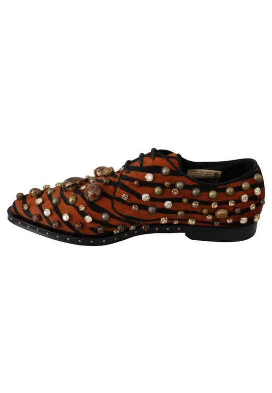 Dolce & Gabbana Women's Orange Pony Hair Crystal Dress Broque Shoes Brand: Dolce & Gabbana
Model: Dress shoes
Color: Orange and black animal Tiger pattern
Material: Pony hair
Multicolor crystals
Sole: Leather
Made in Italy
Exclusive and high craftsmanship