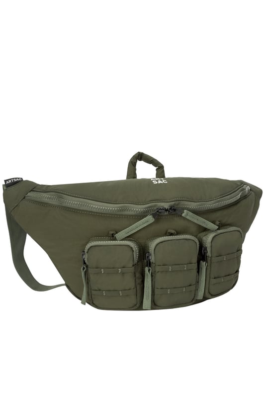 The perfect practial edition to any outfit. This unique triple-pocket design sling bag has enough internal and external space to carry all your every day essentials. Features: , Padded lightweight nylon, Water resistant, Zip top opening to main compartment, ARTSAC screen printed logo, Triple front zip pocket with loops, Internal zip pocket, External rear zip pocket, Top grab handle, 2 Mobile phone internal net pockets, Adjustable shoulder strap allowing backpack styling or bum bag styling Style Ref: 52014 KHAKI