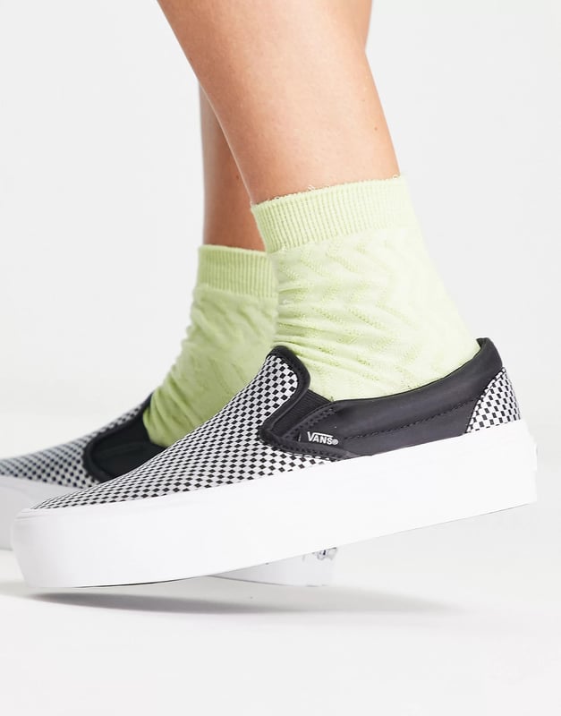 Vans Womens Sparkle Check Platform Slip On Trainers In Black And White