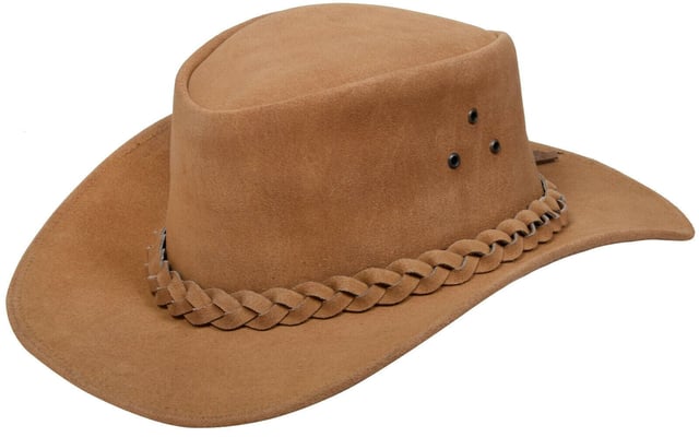 Sombrero de estilo western australiano de gamuza auténtica. La corona está adornada con una banda trenzada. Es duradero, elegante y ligero, y tiene una calidad increíble. Fabricación de primera calidad, precio excelente, estilo western australiano, sombrero de estilo western de cuero, excelente relación calidad-precio, ojales en la corona para ventilación, cómodo y ligero, disponibilidad de stock en el Reino Unido
