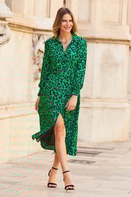Green animal print shirt dress hot sale
