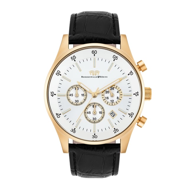 Chronographs are watches with format, they combine sporty, elegant design with precise functionality. This copy from the Rhodenwald & Sons clock manufacturer inspires watch lovers of all ages: a scratch-resistant IP-Goldeted stainless steel housing with screwed floor, a dial with sunscape and a leather bracelet with a crocodile embossing combine into a masculine clock that looks as good as a suit as For a casual leisure look. The dial is clearly designed and is limited to Strichindices, Minuterie, date display and three totalists in classic tricompax arrangement.
