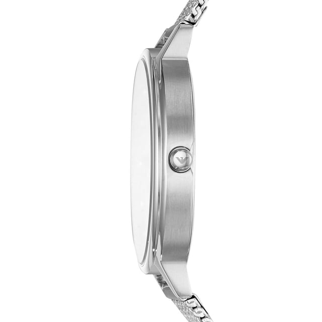 This Emporio Armani Kappa Analogue Watch for Women is the perfect timepiece to wear or to gift. It's Silver 30 mm Round case combined with the comfortable Silver Stainless steel watch band will ensure you enjoy this stunning timepiece without any compromise. Operated by a high quality Quartz movement and water resistant to 3 bars, your watch will keep ticking. This fashionable and classic watch matches any outfit at any occasion,it adds style to your life High quality 19 cm length and 14 mm width Silver Stainless steel strap with a Fold over clasp Case diameter: 30 mm,case thickness: 6 mm, case colour: Silver and dial colour: Silver