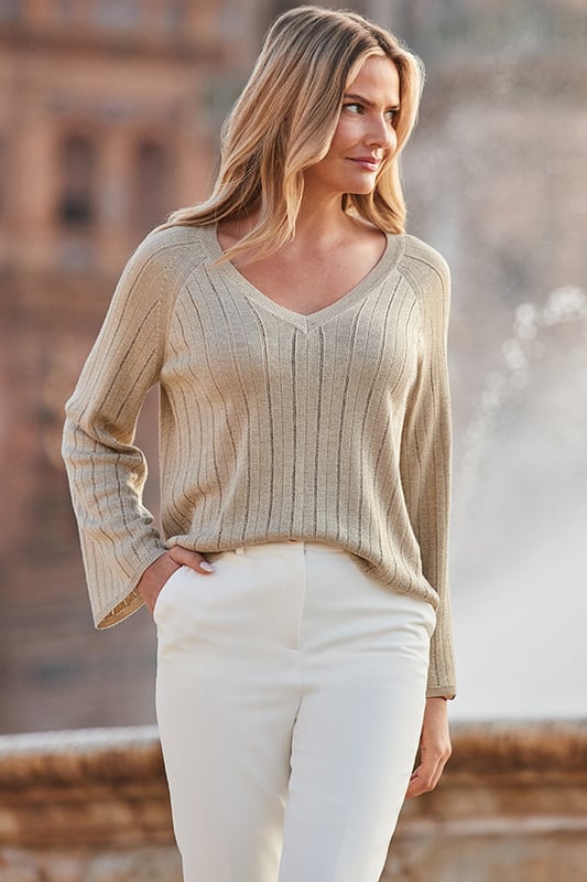 Gold Sparkle Metallic Pointelle Stitch Fluted Sleeve Jumper