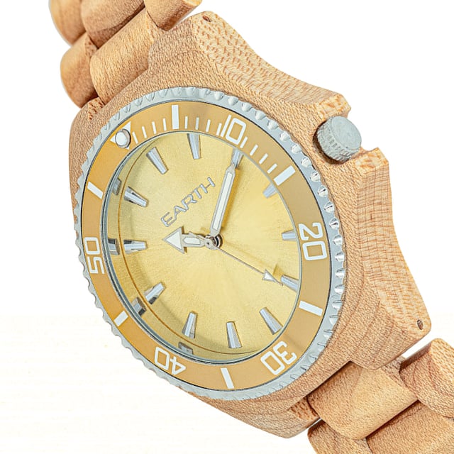 Eco-Friendly Sustainable Wood Case; Quality Japanese Quartz Movement; Non-Glare Scratch-Resistant Mineral Crystal; Logo-Engraved Wood Caseback; Eco-Friendly Sustainable Wood Bracelet; Logo-Engraved Stainless Steel Jewelry Clasp; Luminous Hands; 45mm Diameter; Splash Resistant; Due to Seasons and Aging of Wood  colors may be Darker or Lighter than pictured.;
