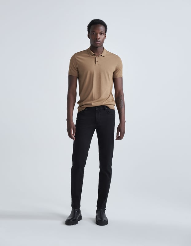 This cappuccino polo shirt has collared neck, short sleeves with ribbing on collar, sleeves and chest.