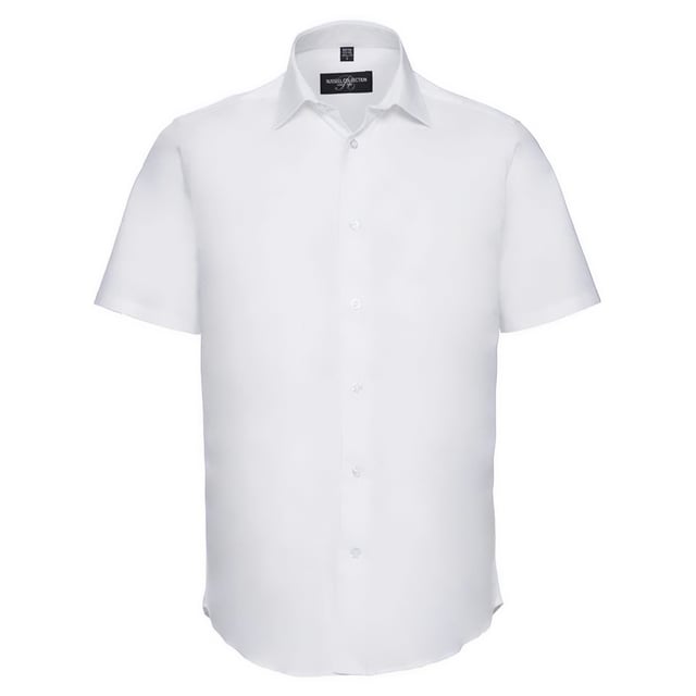 97% Cotton, 3% Elastane. Fabric: Poplin, Semi-Stretch, Soft Touch. Design: Plain. Fastening: Button-Down. Hem: Rounded. Neckline: Semi-Cutaway Boned Collar, Stiffened Collar, Turn Down Collar. Sleeve-Type: Short-Sleeved. Back Yoke, Double Folded Seams, Easy-Care, Self-Coloured Buttons. Fit: Fitted. 140gsm. Sustainability: Amfori, Better Cotton Initiative, BSCI, Fair Labor Association, Oeko-Tex Standard 100 Certified, WRAP Certified. Suitable for: Decoration.  14.5in-15in: 38 in.  17in-17.5in: 44 in.  16in-16.5in: 42 in.  15.5in: 40 in.  19.5in: 50 in.  18in: 46 in.  18.5in-19in: 48 in.