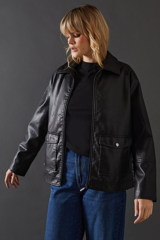 Whipstitch Faux Leather Zip Through Jacket