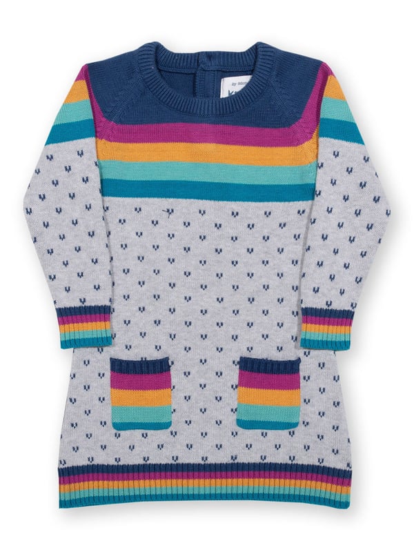 A fabulous midweight knitted dress featuring a stylish intarsia heart design. The lovely rainbow stripe featured on the chest, cuffs, hem and pockets adds some great pops of colour. This dress can be worn for a party or play and will feel cosy all the way! Wear with Kite's matching moonbow tights for a truly super outfit.