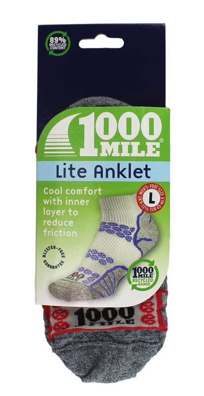 1000 Mile Mens Double Layer SocksIntroducing the Men's Lite Anklet Repreve Double Layer Sock, the next evolution of our successful Ultimate Anklet. With 30 years of expertise in crafting double-layer running socks and the use of cutting-edge recycled materials from REPREVE®, this sock takes performance to new heights.The innovative blend of fibers creates a dynamic duo: the inner layer efficiently wicks moisture away from the skin, promoting a dry and comfortable foot, while the outer layer's ventilating knit pattern regulates temperature for an enjoyable experience.For enhanced support, the arch brace is included. Our exclusive Blister Free Guarantee ensures optimal protection, thanks to the double layer design that minimizes friction between foot and shoe, reducing wear and preventing blisters.Extra Product DetailsNext evolution of successful Ultimate Anklet30 years of expertise in double-layer running socksMade with cutting-edge recycled materials from REPREVE®Inner layer wicks moisture, keeps foot dryOuter layer regulates temperature for comfortIncludes arch brace for enhanced supportExclusive Blister Free GuaranteeDouble layer design minimizes friction, prevents blisters.