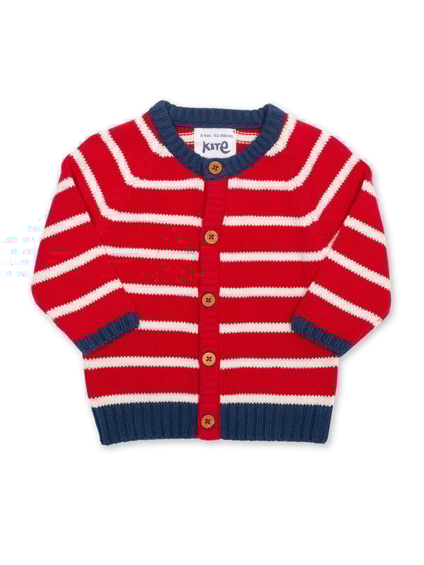 100% organic cotton | Proud to be certified by Control Union to the Global Organic Textile Standard (GOTS) | Red and cream striped knit | Midweight knitwear | Coconut button fastening | Long sleeved | Round neck | Navy blue ribbed neck, cuffs and hem | Made in India | Machine washable at 40 degrees, or at 30 degrees to be kinder to the planet