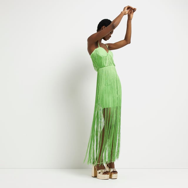River Island Womens Bodycon Mini Dress Lime Green Fringe