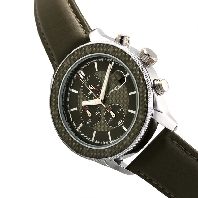 Hardened Alloy Case; Japanese Miyota JS15 Quartz Movement; Full-Function Chronograph with 30 Minute Timer; Non-Glare Scratch Resistant Mineral Crystal; Logo-Engraved Stainless Steel Caseback; Carbon Fiber Inlay Bezel; Genuine Leather Strap; Logo-Engraved Stainless Steel Clasp; Luminous Hands; Magnified Date Display; 24-Hour Sub-Dial; 43mm Case Diameter; 5ATM Water Resistance; ;