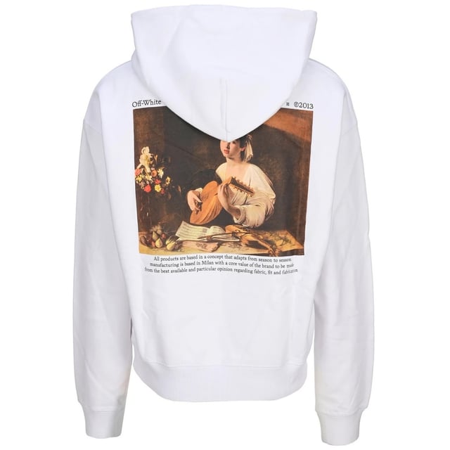 Off-White Caravaggio Lute Design Schwarzer ubergrosser Kapuzenpullover. Entdecken Sie den Off-White White Hoodie Ð ein stilvolles Statement-Stuck mit einzigartigem Box-Design! Mit seinem wirklich auffalligen Look ist dieser Kapuzenpullover perfekt, um einen auffalligen Eindruck zu hinterlassen. Tragen Sie es mit Selbstvertrauen und erhalten Sie an jeder Ecke Komplimente! Caravaggio-Laute-Branding auf der Ruckseite. Verstellbare Kapuze mit Kordelzug, grosse Kangurutasche vorne, ubergrosse Passform. 100 % Baumwolle, hergestellt in Portugal. Stilcode: OMBB037F21FLE0090184