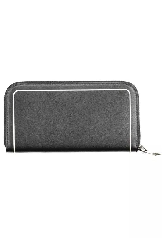 Black Polyethylene Wallet
  Suitable for men
  5 compartments for organized storage
  Includes a coin purse
  Internal spaces formed by card slots
  Contrasting details for a stylish touch
  Secure zip closure
  Adorned with a logo
Material: 100% Polyethylene
