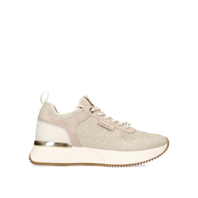 The Carvela Flare Knit trainer features a gold glitter knitted upper. The front laces up with a gold tone Icon C charm detail. There is a Carvela branded tab at the heel as well as gold tone plate.