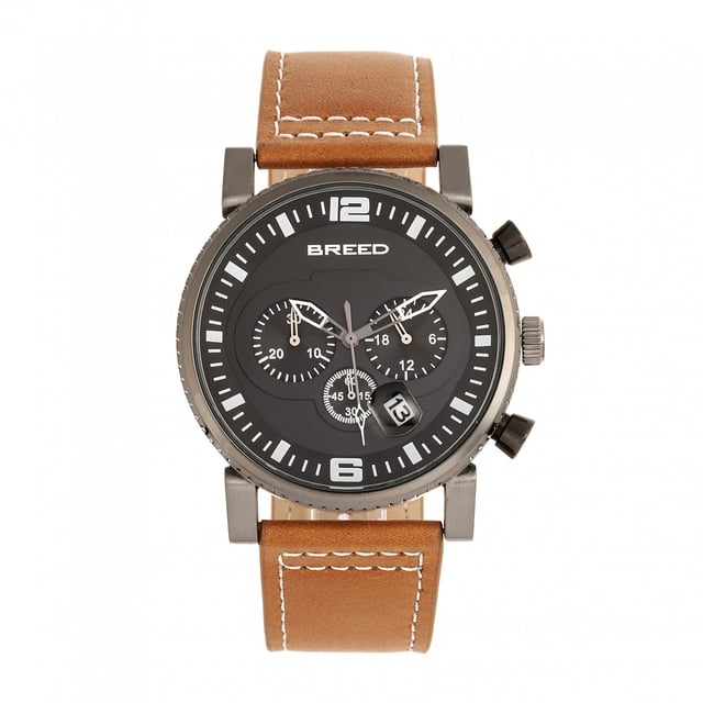 Polished Alloy Case; Precision Japanese Quartz Movement; Full-Function Chronograph; Non-Glare Scratch Resistant Mineral Crystal; Logo-Engraved Stainless Steel Caseback; Genuine Leather Strap; Logo-Engraved Stainless Steel Clasp; Magnified Date Display; 45mm Case Diameter; 5 ATM Water Resistance;
