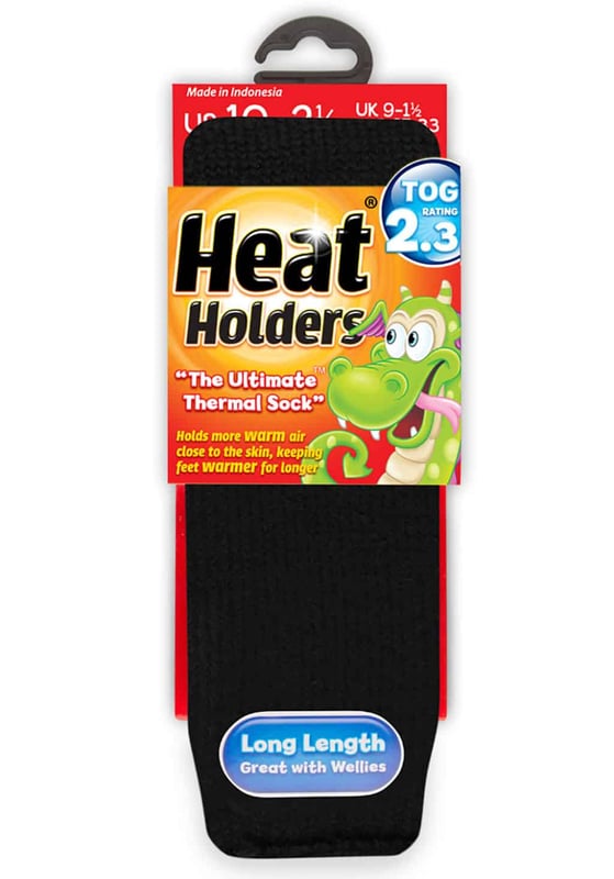 Having cold feet is horrible no matter what your age but with these new Heat Holders from SockShop cold feet should be a distant memory!  With an amazing tog rating of 2.34 these socks have been designed to eliminate the need for wearing as many pairs of socks as possible! These clever socks work by trapping heat and holding it closer to the feet for longer. The extra heavy bulk yarn, long pile cushioning and intense brushing process means these socks are super soft and over 5 times warmer than a typical cotton sock! The knee high length means these socks are perfect for wearing with wellies or winter boots.  Extra thick, extra comfortable and extra warm you really couldn’t want anything else from a thermal sock! Copied by many. Equalled by none.  Extra Product Details  - 2 Sizes available - Many Colours for boys and girls - Suitable for wellies or boots - Thick and warm - 2.3 tog - Brushed Inner - Advanced Insulating Yarn - Long Loop Pile>