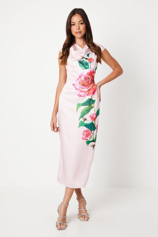 Cowl Neck Placement Print Satin Dress Cowl Neck Placement Print Satin Dress