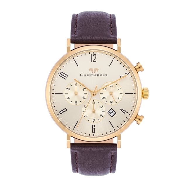 The timeless men's watch from the Rhodenwald & Söhne manufactory is a harmonious connection of the tricompax design of classic chronographs with the elegance of a subtle dress watch. The functions of 24-hour display, stopwatch and date are integrated in a harmonious tone-in-tone dial-a perfect companion not only for a suit, but also for casual jeans. The model convinces with a robust stainless steel housing with IP coating in yellow gold, filigree sticker and a precise quartz train. A soft real leather bracelet with seam and thorn clasp perfect the premium equipment.