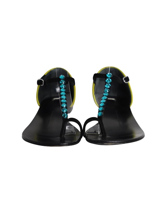VINTAGE, RRP AS NEW
Crafted with comfortable flat soles, this gorgeous pair of t-strap sandals is embellished with crystals for a luxe look. With buckled ankle straps, the leopard print heel counter adds flair for the finishing touch.

Giuseppe Zanotti Crystal-Embellished T-strap Flat Sandals in Multicolor Leather
Condition: Good with dust bag and box
Sign of wear: Moderate wear on the soles 
Material: Leather
Color: Multicolor
Size: IT36 / UK3 / US6
SKU: 301843