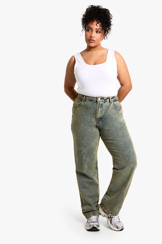High-waisted design for a flattering silhouette
        Straight leg cut for a classic, versatile look
        Denim fabric offers durability and comfort
        Belt loops for accessorising options
        Functional pockets for practicality
    
    These Plus Basics straight leg jeans are a wardrobe essential that combines style with comfort. The high-waisted design creates a sleek silhouette, while the straight leg cut offers a timeless look that suits various body types. Perfect for casual outings or nights on the town, these jeans can be dressed up or down with ease. Pair them with a crisp white vest top and trainers for a laid-back daytime ensemble, or style them with a chic blouse and heels for evening drinks. The versatile denim fabric ensures these jeans will be a go-to choice for any occasion, from shopping trips to casual Fridays at the office. Add a brown leather bag to complete the look, and you'll be ready to tackle your day with confidence and style.