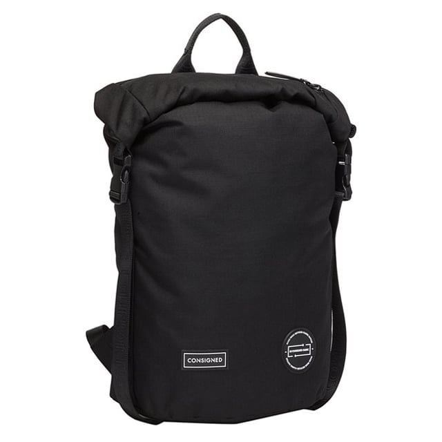 The Cornel M Roll Top Backpack, our most versatile bag to date, is made of RE-CONSIGNED outer & lining fabric, produced from 100% recycled plastic bottles - Global Recycled Standard certified fabric. The roll top design features a concealed waterproof zip to the main compartment, for extra security, paired with a no fuss quick access top waterproof zip pocket. A double clip feature allows multi-functional use, enabling the bag to transform into 3 different designs depending on your needs. Inside ensures maximum functionality with a generous internal capacity and 13 Inch padded laptop sleeve. Features: , RE-CONSIGNED ripstop outer fabric made from 100% recycled plastic bottles - Global Recycled Standard certified fabric, RE-CONSIGNED lining made from 100% recycled plastic bottles - Global Recycled Standard certified fabric, 32 Plastic bottles saved from landfill in the production of this product, 16 Litre internal capacity, Water Resistant, 13 inch padded laptop sleeve & nested 9.7 inch tablet pocket with Velcro fastening, Roll top opening to main compartment with hidden internal waterproof zip for extra security, Quick access top waterproof zip pocket, Rear secure access waterproof zip pocket, Internal zip pocket for smaller valuables, 2 Internal mobile phone slip pockets - Fits normal and plus size smart phones, 3 Internal pen slip pockets, CONSIGNED seal of approval rubberised patch logo, RE-CONSIGNED seal of approval rubberised patch logo, CONSIGNED branded webbing, CONSIGNED branded lining, Ergonomic contoured back panel, Adjustable padded backpack straps, Top grab handle, Rubberised zip pullers, Medium model, Double clip feature which allows the bag to transform into 3 different designs Style Ref: 50516 BLACK