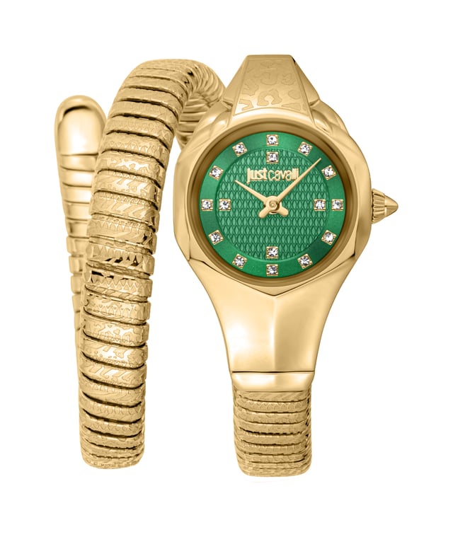 Stainless steel case, Stainless steel bracelet, Silver dial, Quartz movement, Scratch resistant mineral, Water resistant up to 3 ATM - 30 meters - 100 feet Yellow gold-tone stainless steel case and bracelet. Fixed yellow gold-tone stainless steel bezel. Silver-tone dial with yellow gold-tone hands and index hour markers. Dial Type: Analog. Quartz movement. Scratch resistant mineral crystal. Round case shape, case size: 22 mm. Band width: 8 mm, band length: 7.5 inches. Water resistant at 30 meters / 100 feet. Functions: hour, minute. Amalfi Series. Fashion watch style. Watch label: Japan Movt. Just Cavalli Amalfi Quartz Silver Dial Ladies Watch JC1L270M0025.