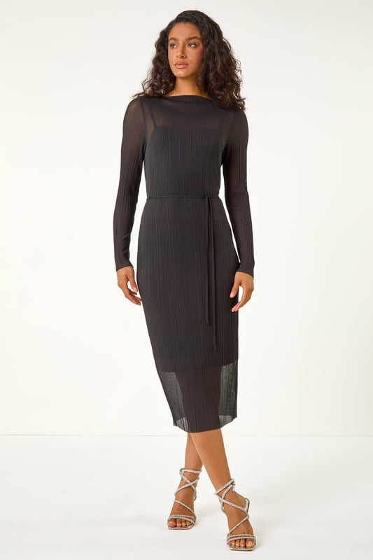 Dusk Pleated Plisse Stretch Mesh Midi Dress from Roman. Let your style shine this season in our elegant mesh midi dress. The pleated design falls at midi-length while the bodycon fit creates a flattering silhouette. Featuring a round neckline and long set-in-sleeves this dress is crafted from a woven stretch fabric for easy pull-on style. Pair with your favourite winter boots, tights, and coat for a complete Autumn look!