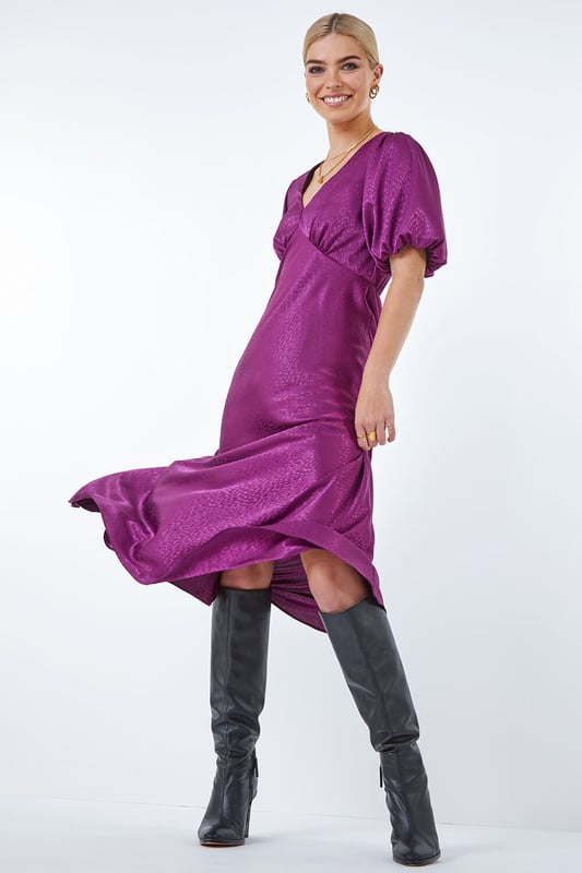 Late Night Gala Satin Printed Puff Sleeve Midi Dress