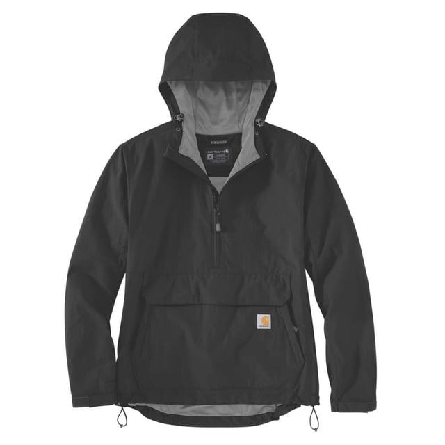 LOOSE FIT · 3 oz/yd² - 102 gsm · 100% Nylon · DWR Nylon · Inner Lining: 100% Polyester · Mesh · Rain Defender - Durable Water repellent finish · Attached three-piece hood with adjustable draw cord · Two lower front pockets with zipper closure · Zipper secured packable pocket · Half-length front zipper with chin protector · Hook-and-loop adjustable cuffs · Drop tail, adjustable hem · Carhartt label sewn on pocket
