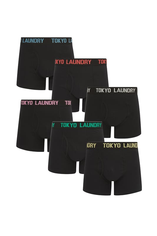 Indulge in everyday comfort with this 6-pack of boxers from Tokyo Laundry. Made from cotton-rich and stretch fabric, these boxers offer a soft and breathable feel. The plush woven waistband provides a secure fit, while the colours and slogan waistband adds a dash of style to your everyday essentials. Upgrade your underwear collection now!