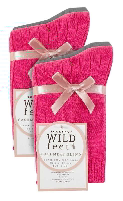 These ladies’ Wildfeet Cashmere Socks are the socks of luxury and comfort. Made from a blend of natural wool, viscose, and cashmere, they are designed to provide warmth and cosiness throughout the day, whether you're running errands or relaxing at home. These socks offer the perfect balance of luxury and practicality with a blend of wool, viscose, and cashmere. The soft and comfortable material provides warmth and insulation to keep your feet cosy in the cold weather while also being breathable and moisture-wicking. The combination of fibres makes these socks more durable, ensuring long-lasting wear, while the ribbed leg enhances comfort. The crew length and medium gauge thickness make them a good choice for any leisure shoes or boots, adding a touch of comfort to any outfit. These 4 pairs of Wildfeet Cashmere Socks come in 2 gift boxes and attractively wrapped with a satin ribbon bow, which makes them ideal for gifting to friends or family. Maybe even a last minute Christmas present or stocking fillers? Wild Feet is a range of socks featuring cool designs, bold colours and quirky catchphrases - from pugs and penguins, to lions and llamas! Choose from a range of styles for men and ladies, from dress to trainer socks. There are even some sporty styles available! There are 14 colours to choose from. They come in one size Ladies 4-8 UK, are made from 37% Wool, 27% Viscose, 24% Polyamide, 11% Cashmere, 1% Elastane and are machine washable.