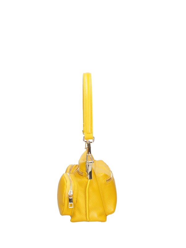 Bolso de hombro para mujeres. El cierre es con zip. Los bolsillos internos son una cremallera. Los bolsillos externos son dos delanteros con cremallera y una trasera con cremallera. La correa del hombro es ajustable y extraíble en cuero. El mango está en cuero. Los compartimentos internos son uno. El material externo es una verdadera piel en dólares. Está alineado internamente en 70% de tela de algodón - 30% de seda. Medidas: 27x14x8 cm. Hecho en Italia
