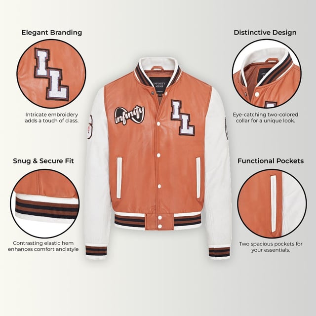 Introducing the Men's Baseball Leather Jacket, a perfect blend of classic varsity style and modern craftsmanship. This letterman bomber jacket features contrasting sleeves and a striped knit ribbed collar, waistband, and cuffs for a timeless athletic look. The press studs front closure and embroidered brand logo patches on the chest and sleeves add a touch of authenticity and flair. Designed with practicality in mind, it includes two jet pockets at the waist and two inside welt pockets for your essentials. The panelling to the back of the jacket ensures a tailored fit and superior comfort.

Contrasting sleeves for a stylish look
Striped knit ribbed collar, waistband, and cuffs for a classic finish
Press studs front closure for easy wear
Embroidered brand logo patches on the chest and sleeves for added detail
Two jet pockets at the waist and two inside welt pockets for convenience
