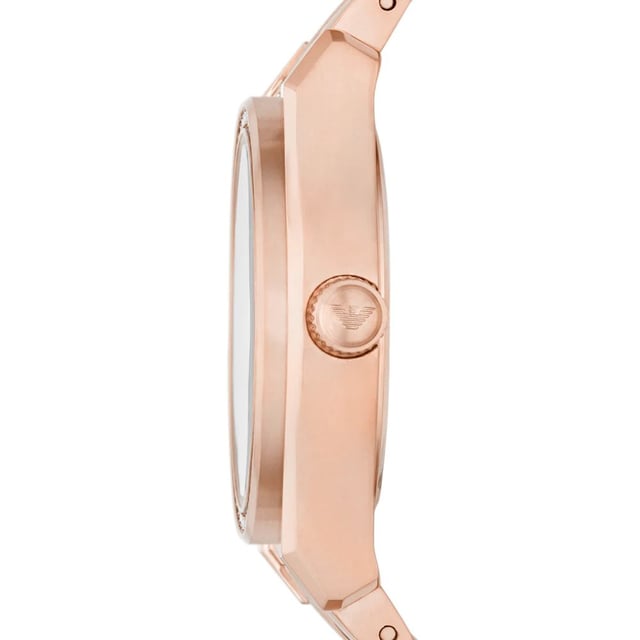 This Emporio Armani Federica Analogue Watch for Women is the perfect timepiece to wear or to gift. It's Rose Gold 32 mm Round case combined with the comfortable Rose Gold Stainless steel watch band will ensure you enjoy this stunning timepiece without any compromise. Operated by a high quality Quartz movement and water resistant to 5 bars, your watch will keep ticking. This elegant, fashionable watch set with beautiful stones is a perfect gift for New Year, birthday,valentine's day and so on This Analogue watch has a Calendar function: Date High quality 19 cm length and 15 mm width Rose Gold Stainless steel strap with a Deployment clasp Case diameter: 32 mm,case thickness: 9 mm, case colour: Rose Gold and dial colour: Silver