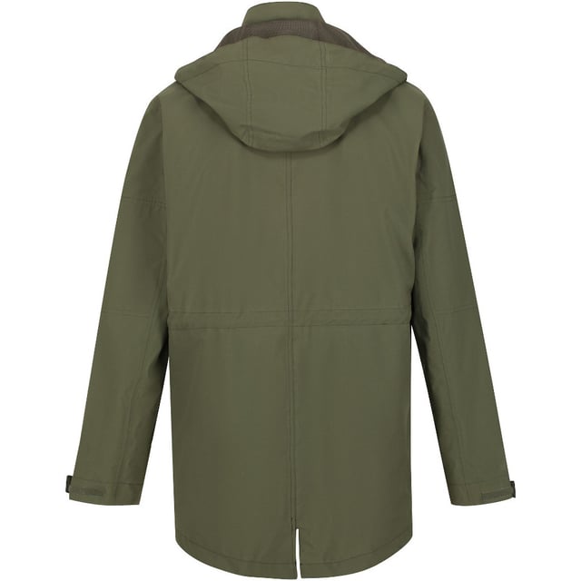 Waterproof and breathable Isotex stretch 5000/10000 fabric. Durable water repellent finish. Taped seams. Polyester mesh lining with polyester taffeta lined sleeves. Internal security pocket. Detachable hood with hook and eye fastening. Hood with drawcord adjuster. 1 zipped chest pocket. 1 zipped sleeve pocket. Adjustable cuffs. Adjustable drawcord waist. 2 lower pockets with flaps and branded snap fastening. Fishtail hem.